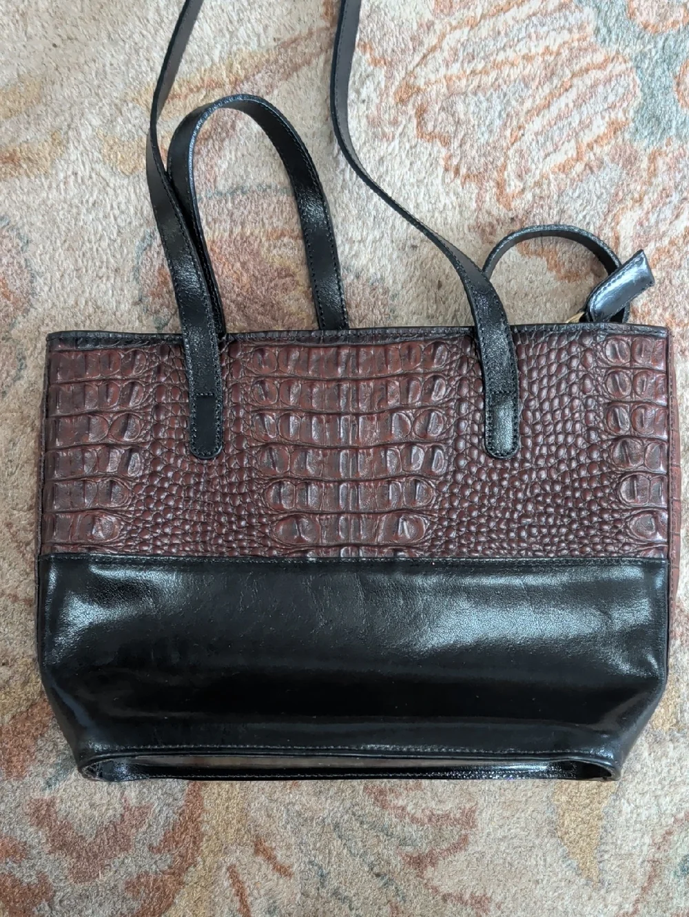 Brahmin Tuscan Melbourne Brown Croc-Texture and Black Leather Vintage Tote Bag